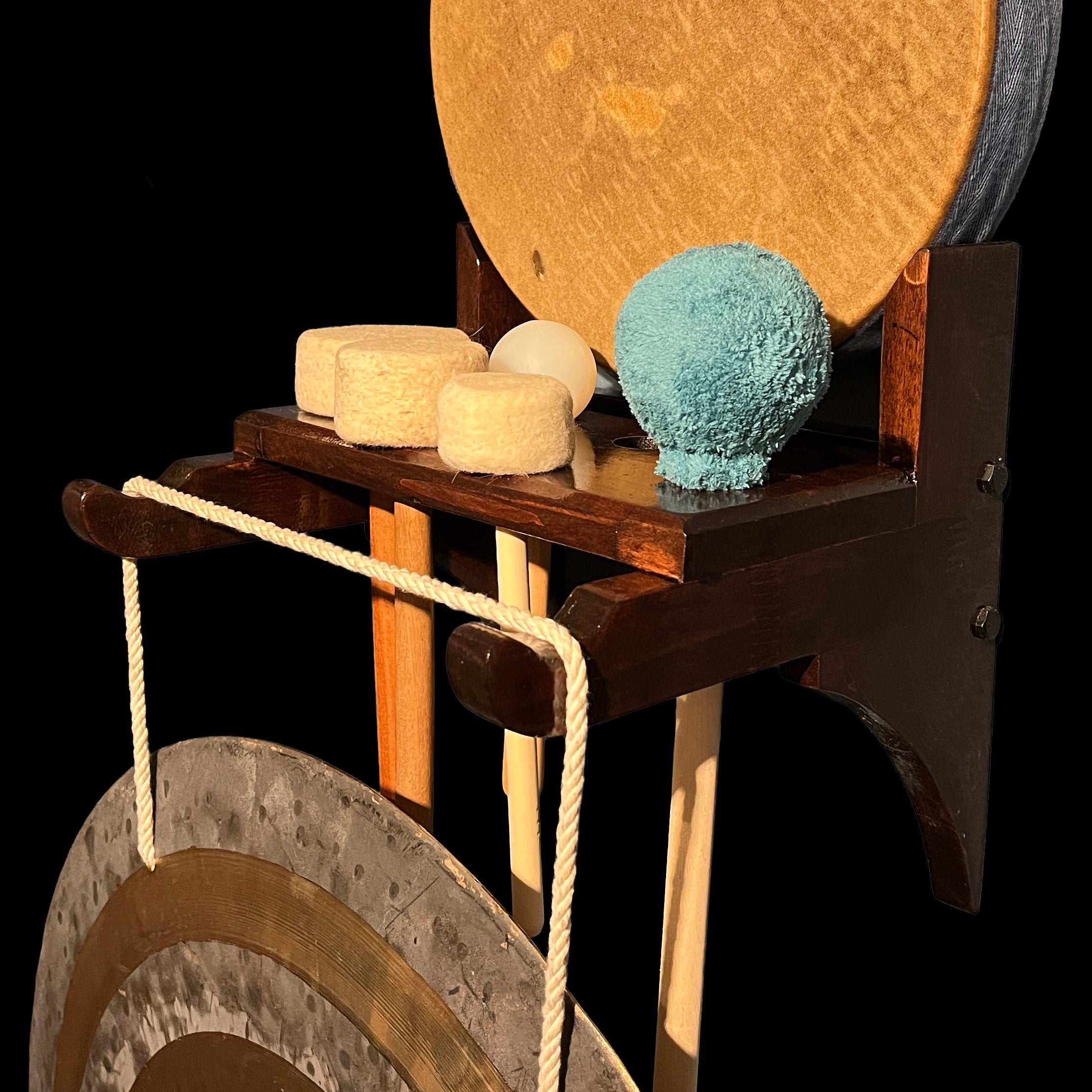 Wall mounted gong rack with mallet and drum storage